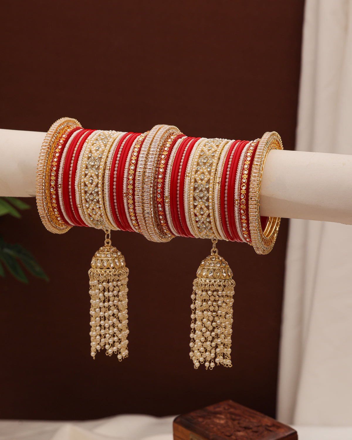 Red, White & Gold Kundan Punjabi Chura - close up with jhumki latkan