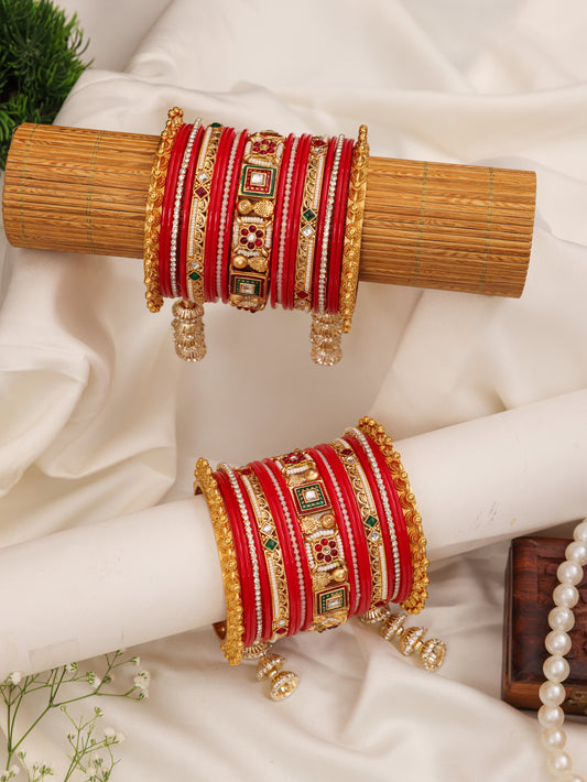 Red & Gold Meenakari Punjabi Chura - pair on bangle stand