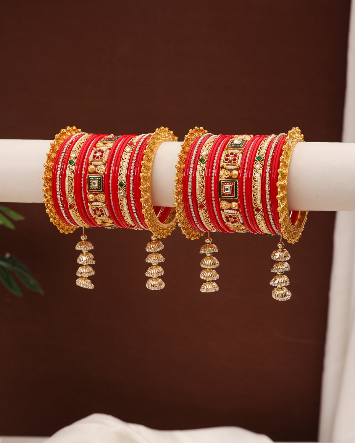 Red & Gold Meenakari Punjabi Chura - close up with pearl jhumkis