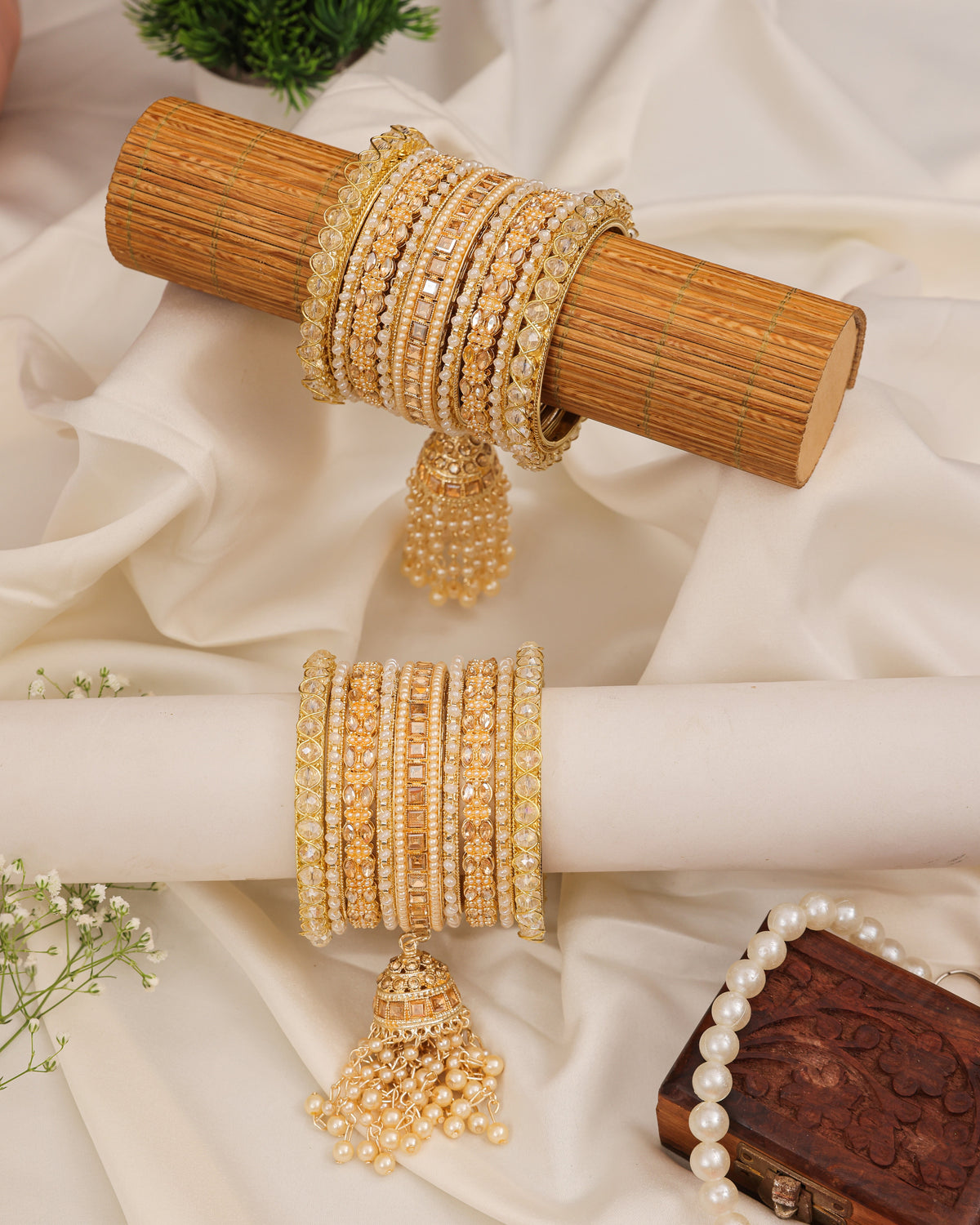 Champagne Gold Kundan Punjabi Chura - close up with pearl jhumkis