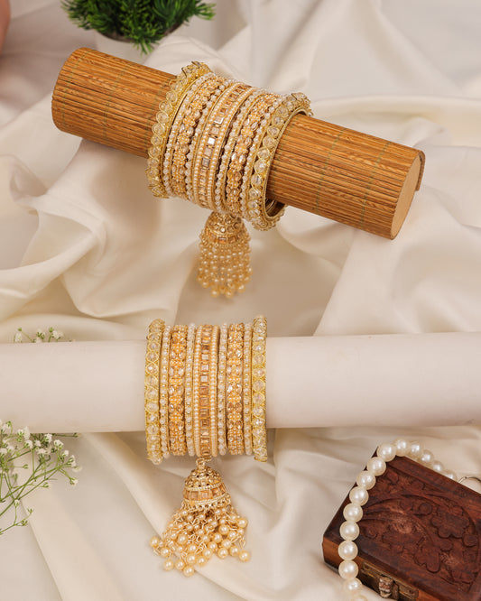 Champagne Gold Kundan Punjabi Chura - close up with pearl jhumkis