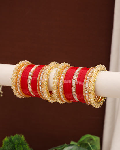 Minimal Red & Gold Baguette Stone Punjabi Chura - close up