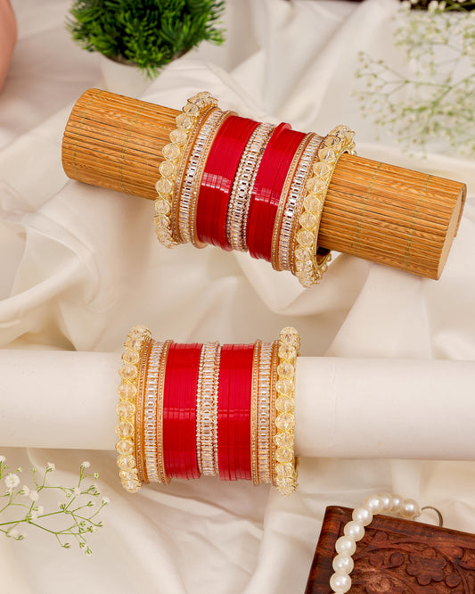 Minimal Red & Gold Baguette Stone Punjabi Chura - pair on bangle stand