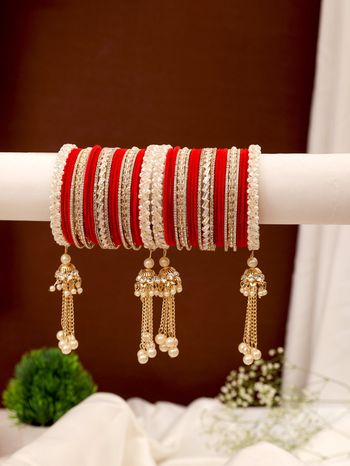 Red & White Crystal Kundan Punjabi Chura - pair on bangle stand