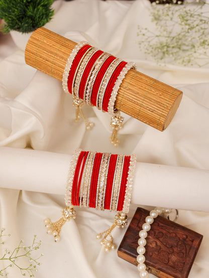 Red & White Crystal Kundan Punjabi Chura - close up with pearl jhumkis