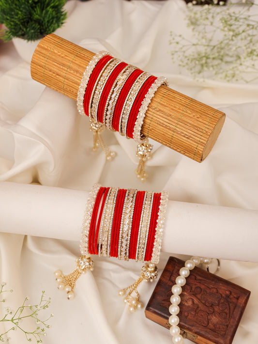 Red & White Crystal Kundan Punjabi Chura - close up with pearl jhumkis