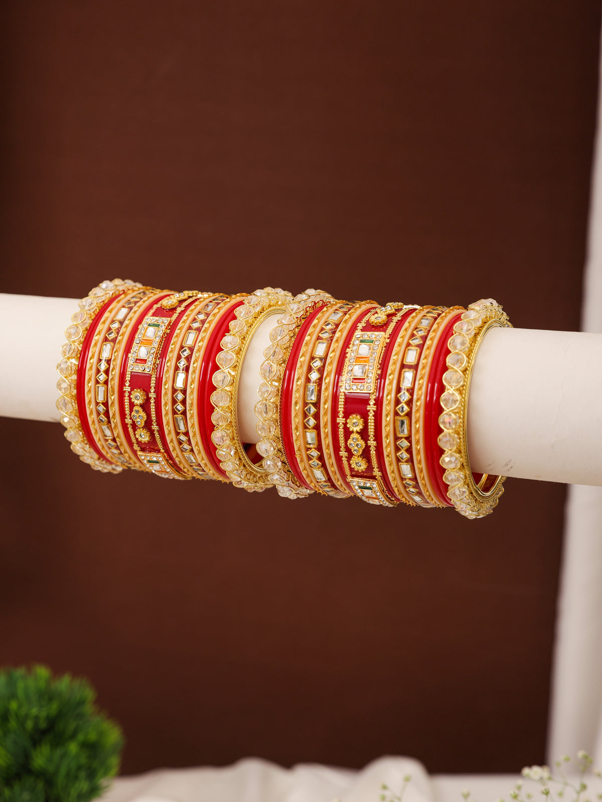 Red & Gold Meenakari Mirror-Work Punjabi Chura - pair on bangle stand
