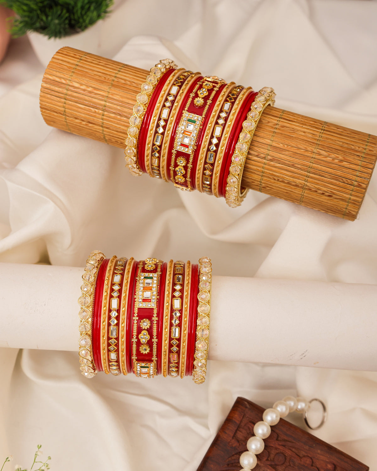 Red & Gold Meenakari Mirror-Work Punjabi Chura - close up with jhumki latkans