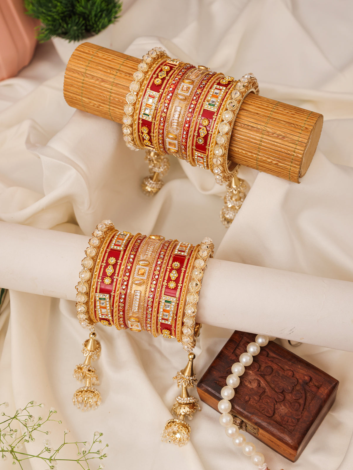 Red, Gold & Cream Meenakari Mirror-Work Punjabi Chura - close up with triple jhumki latkans