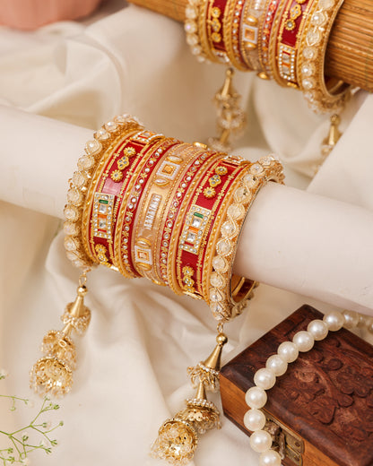 Red, Gold & Cream Meenakari Mirror-Work Punjabi Chura - detail view