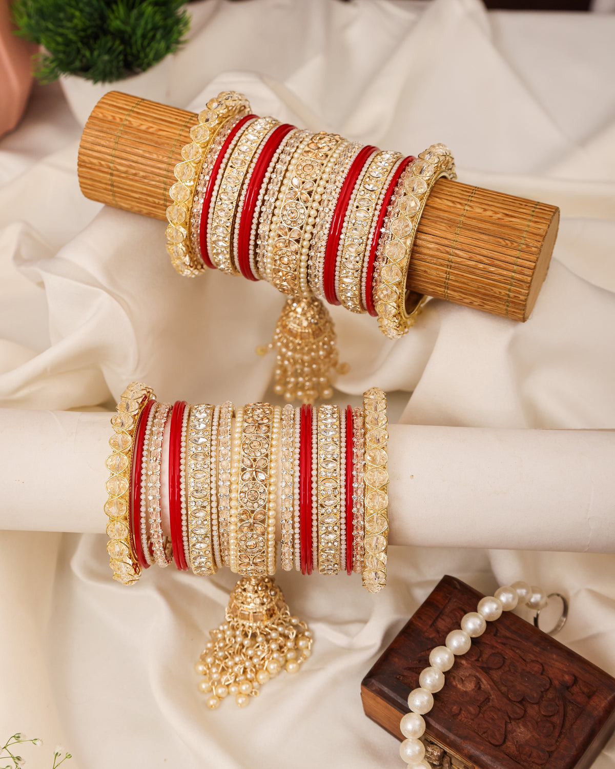 Ivory & Gold Kundan Punjabi Chura - close up with pearl jhumkis