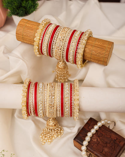 Ivory & Gold Kundan Punjabi Chura - close up with pearl jhumkis