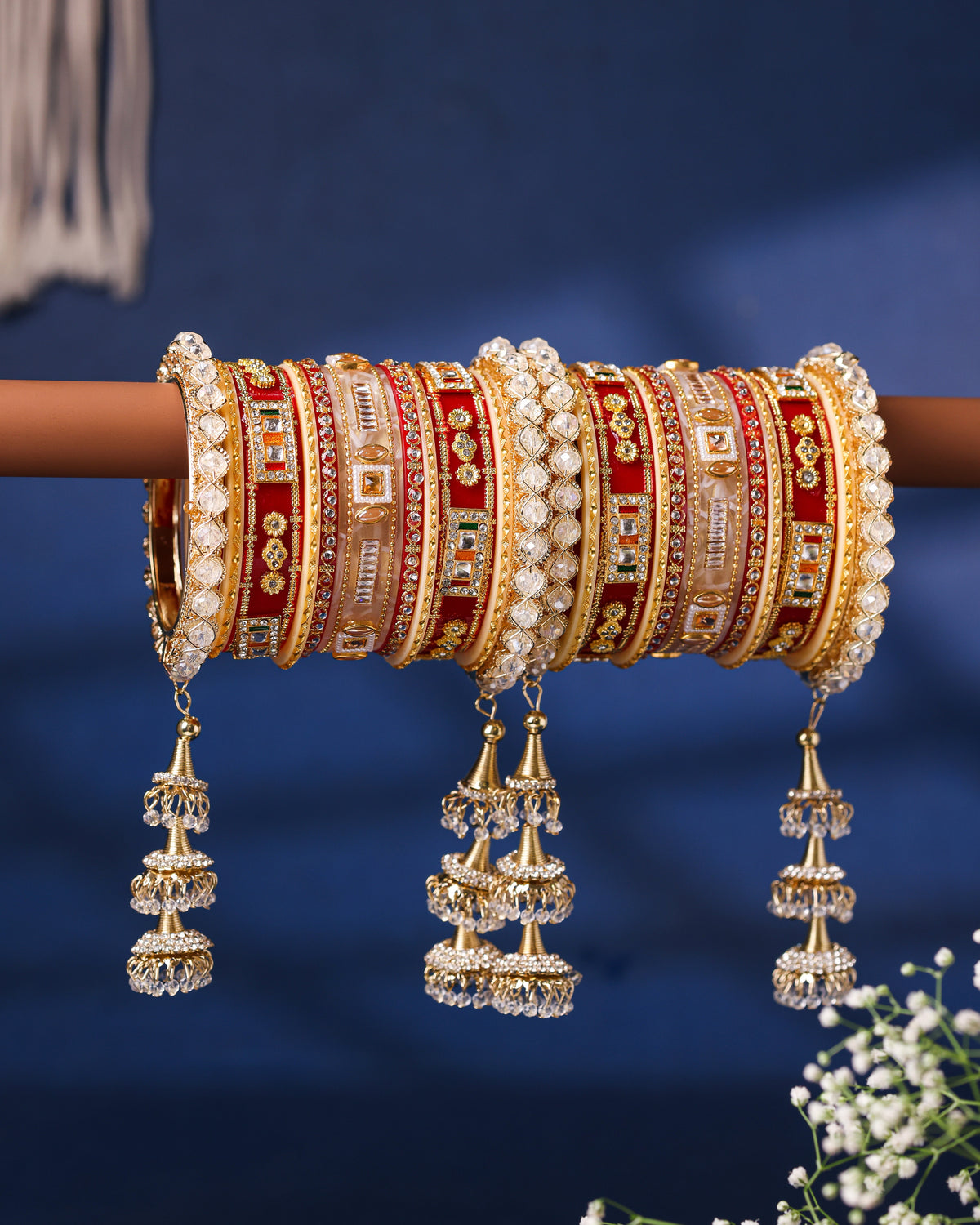 Red, Gold & Cream Meenakari Mirror-Work Punjabi Chura - front view
