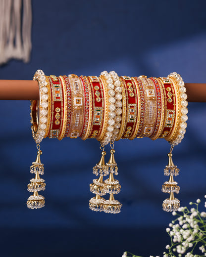 Red, Gold & Cream Meenakari Mirror-Work Punjabi Chura - front view