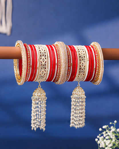 Red, White & Gold Kundan Punjabi Chura - side view