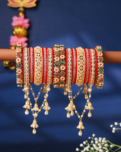 Royal Red & Gold Kundan Punjabi Bridal Chura Set - close up with latkans
