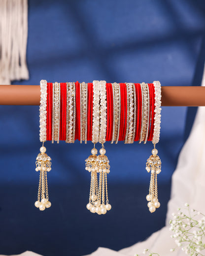 Red & White Crystal Kundan Punjabi Chura - front view