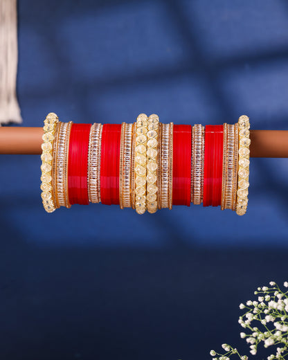 Minimal Red & Gold Baguette Stone Punjabi Chura - front view