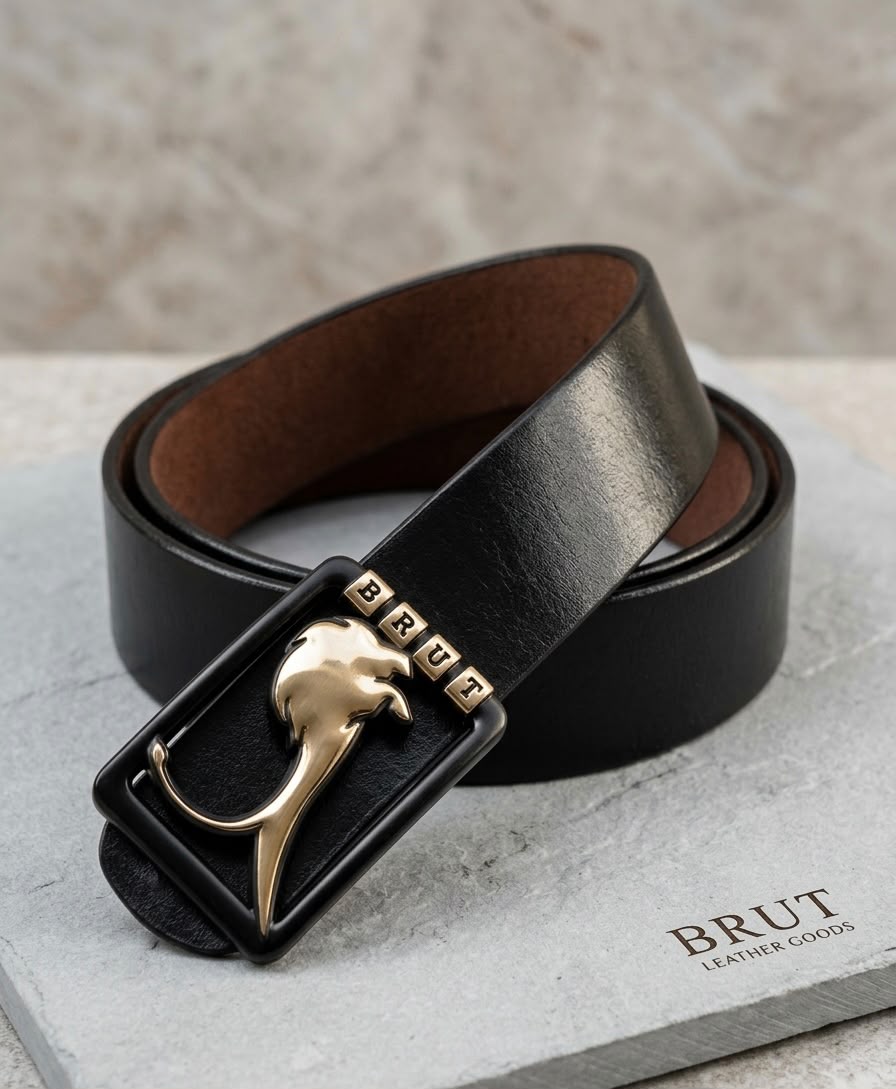 BRUT Premium Black Leather Belt | Panther Designer Buckle | KumKum Noveltys
