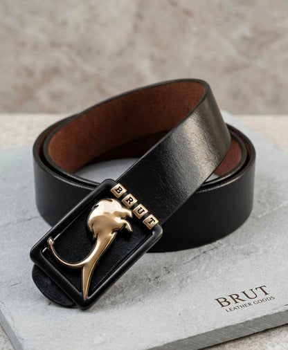 BRUT Premium Black Leather Belt | Panther Designer Buckle | KumKum Noveltys