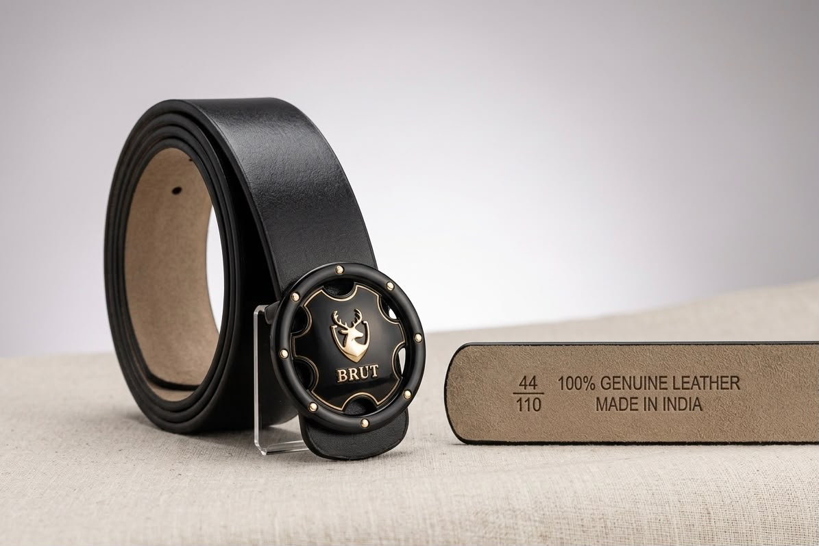 BRUT Premium Black Leather Belt | Executive Round Buckle | Gold Deer Emblem