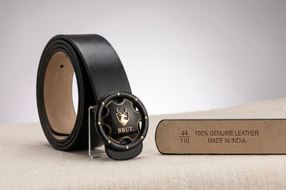 BRUT Premium Black Leather Belt | Executive Round Buckle | Gold Deer Emblem
