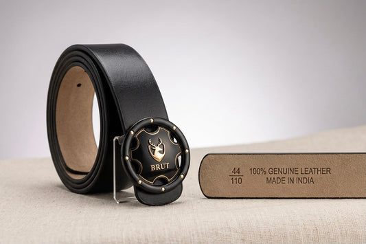 BRUT Premium Black Leather Belt | Executive Round Buckle | Gold Deer Emblem