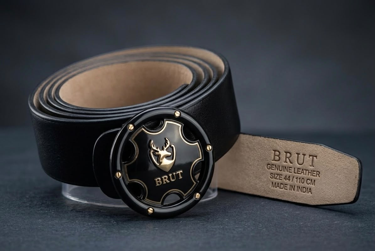 BRUT Premium Black Leather Belt | Executive Round Buckle | Gold Deer Emblem