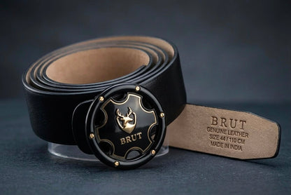 BRUT Premium Black Leather Belt | Executive Round Buckle | Gold Deer Emblem
