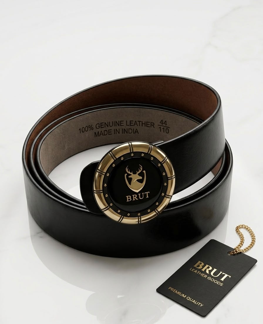 BRUT Premium Black Leather Belt | Executive Round Buckle | Gold Deer Emblem