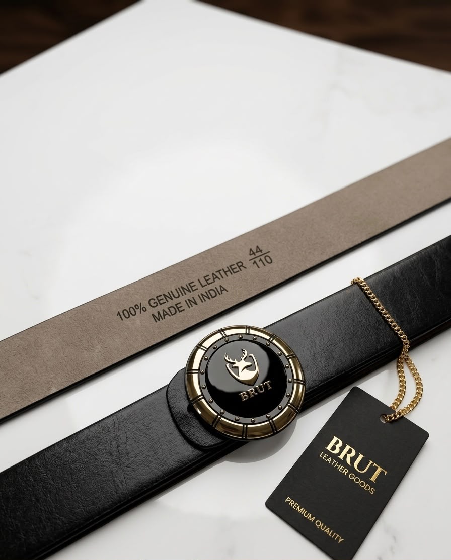 BRUT Premium Black Leather Belt | Executive Round Buckle | Gold Deer Emblem