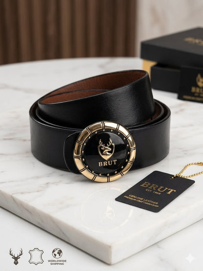 BRUT Premium Black Leather Belt | Executive Round Buckle | Gold Deer Emblem