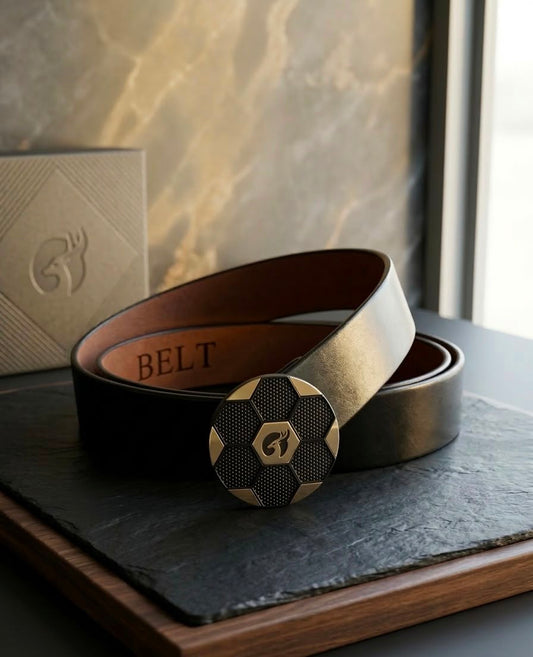 BRUT Premium Black Leather Belt | Hexa Designer Buckle | Gold Deer Emblem